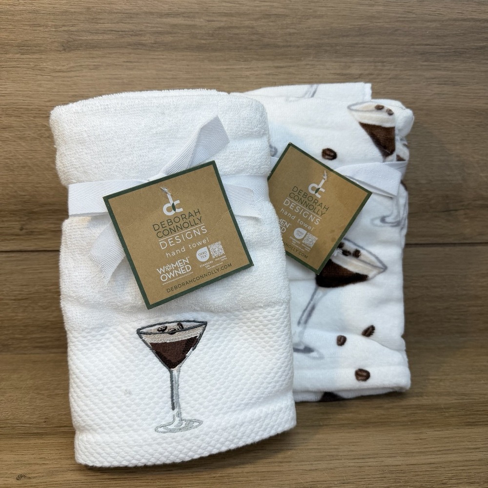 Deborah Connolly Designs Espresso Martini Hand Towel Set Of 4 White Embroidered